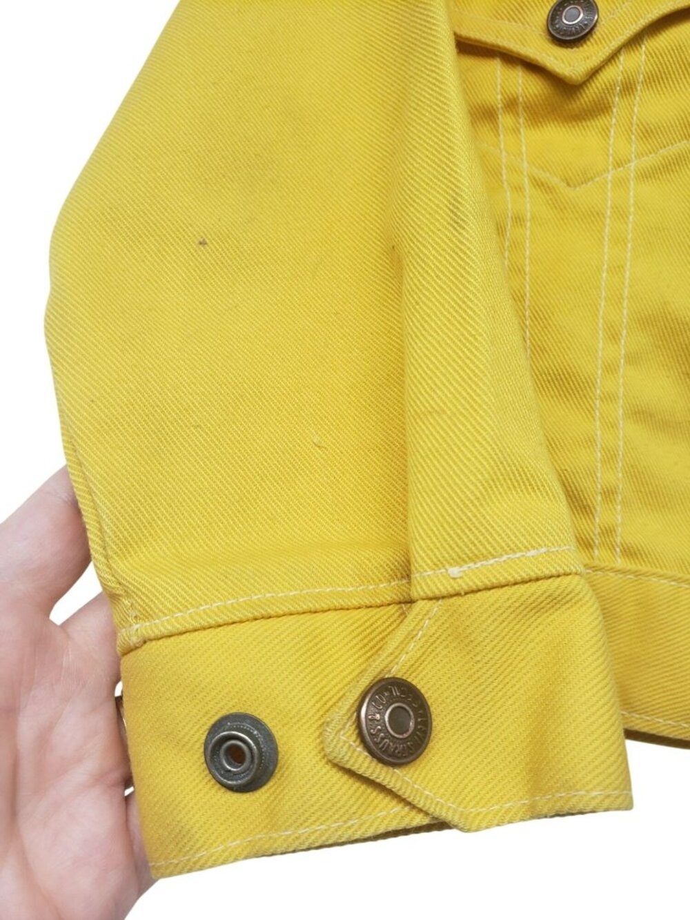 Vintage Levi's Saddleman Kids Youth Yellow Denim Jean Jacket FLAWS Girls Size 7 - Picture 5 of 16